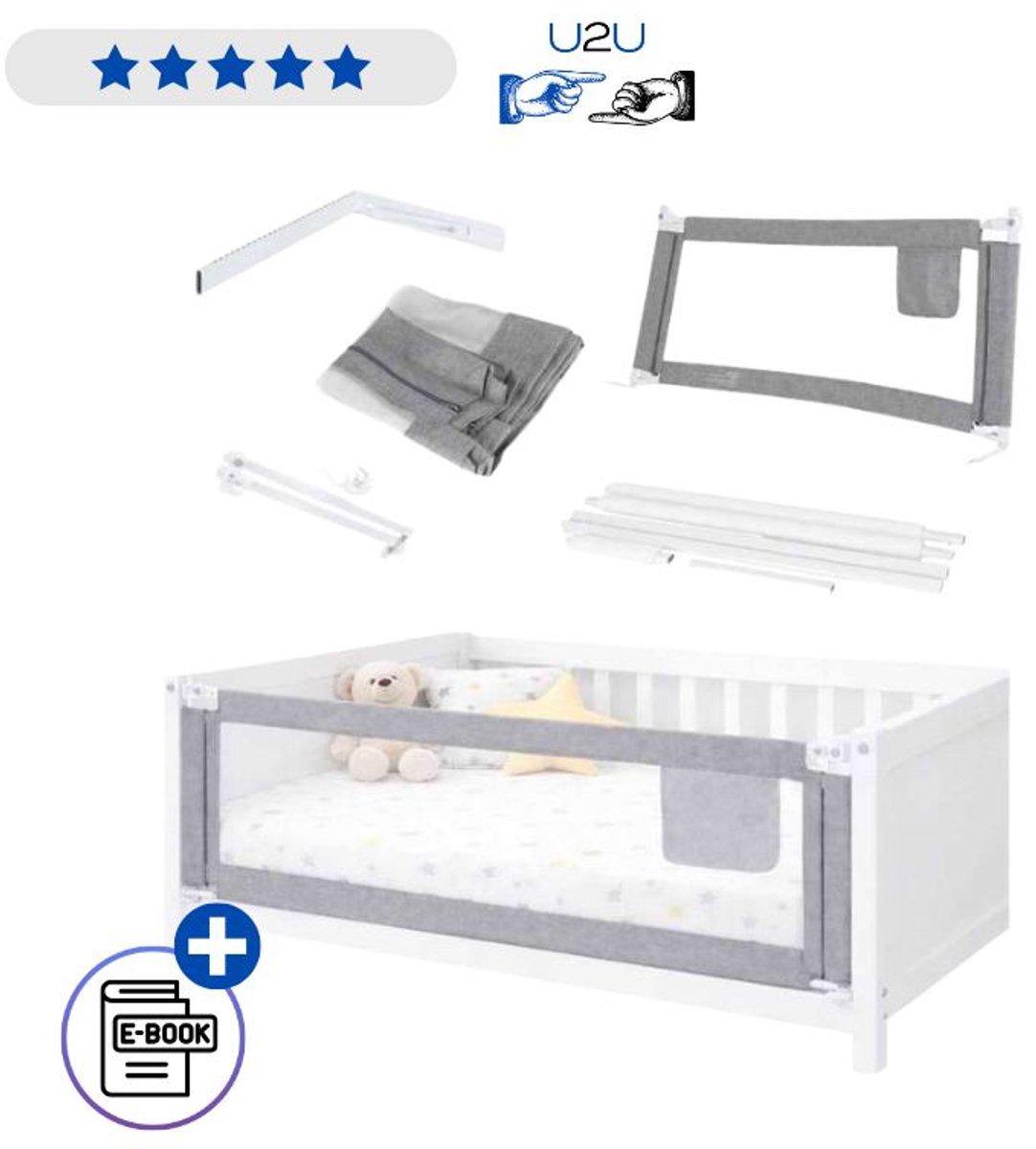 Bedhek Veiligheidsrek 140 CM Grijs – Verstelbare Bedrail Met Veiligheidsslot En Metalen Frame Kinder Bedbeschermer Met Polyester Mesh Voor Boxspring Ledikant En Kinderbed Met Ebook