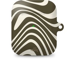 xoxo Wildhearts hoesje geschikt voor Airpods 1/2 - Boogie Wonderland Green - Ook als telefoonhoesje verkrijgbaar - schokbestendige case geschikt voor Airpod 1 en 2 - koptelefoon case - Beschermhoes met golvende print - golven - groen / beige