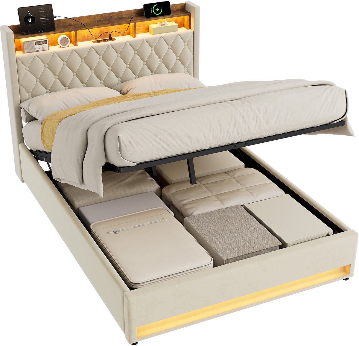 MODFU Polsterbed 140x200 cm – 216x140,5x142,5 cm – Hollands fluweel met lattenbodem – Ergonomisch en luxe gestoffeerd – Beige