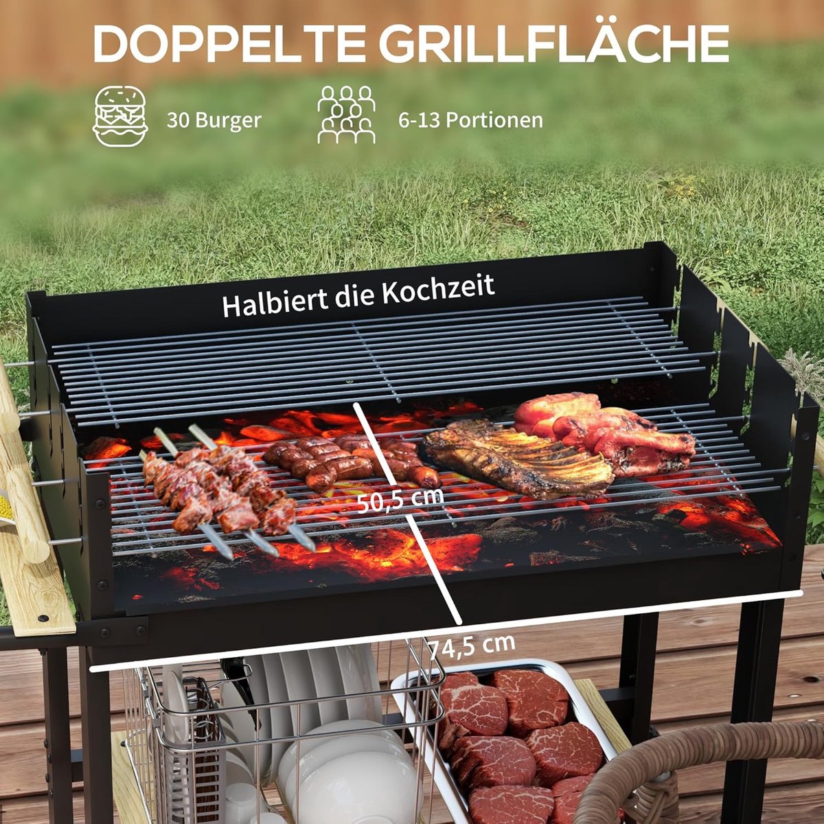 Houtskoolbarbecue Grillwagen – House&Garden Dual Grill Premium BBQ met 2 Grillroosters, Verstelbare Hoogte, Houten Handgrepen, Opbergrek & Wielen – Metalen Outdoor Tuingrill 113x53,5x82,5 cm voor Tuin, Camping en BBQ Feest