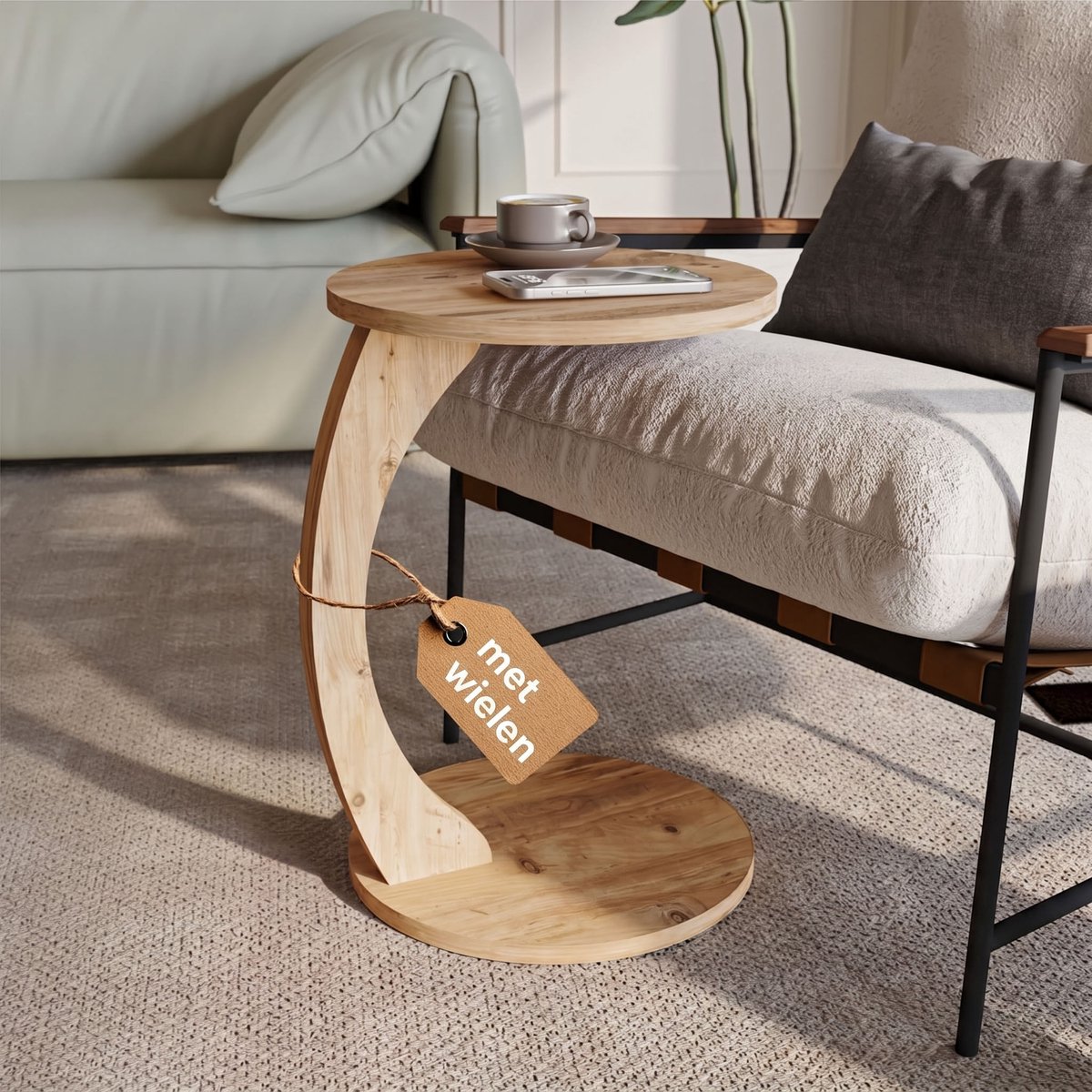 sugodesign Bijzettafel met Wielen – C-vormige Banktafel – Ronde Salontafel voor Woonkamer – Notenhoutlook