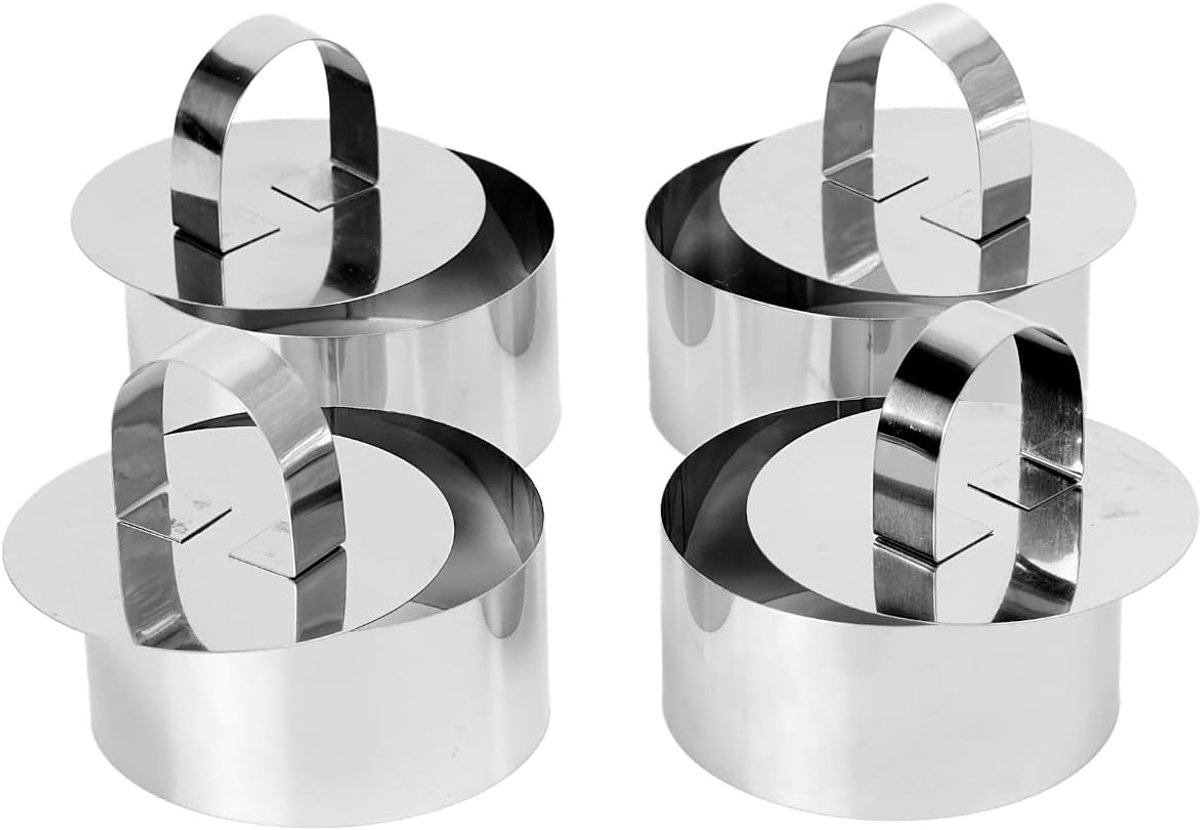 4-delige ronde moussevormenset van roestvrij staal met duwstang, ronde cakevorm, geschikt voor het zelf maken van desserts, cheesecakes, gebak en koekjes (8 x 4 cm).