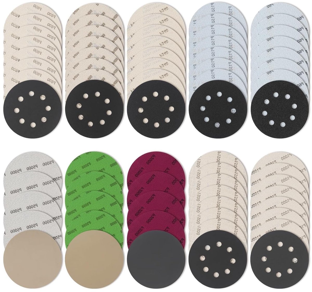 Ronde schuurdiscs 125 mm, 71 stuks, nat en droog schuren, verschillende korrelgroottes voor excentrische schuurmachines