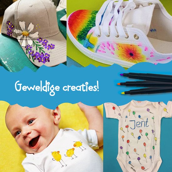 Babysoldaatje met beschilderde vogels, een pet met bloemen en een sneaker met regenboogkleuren. Tekst 'Geweldige creaties!'