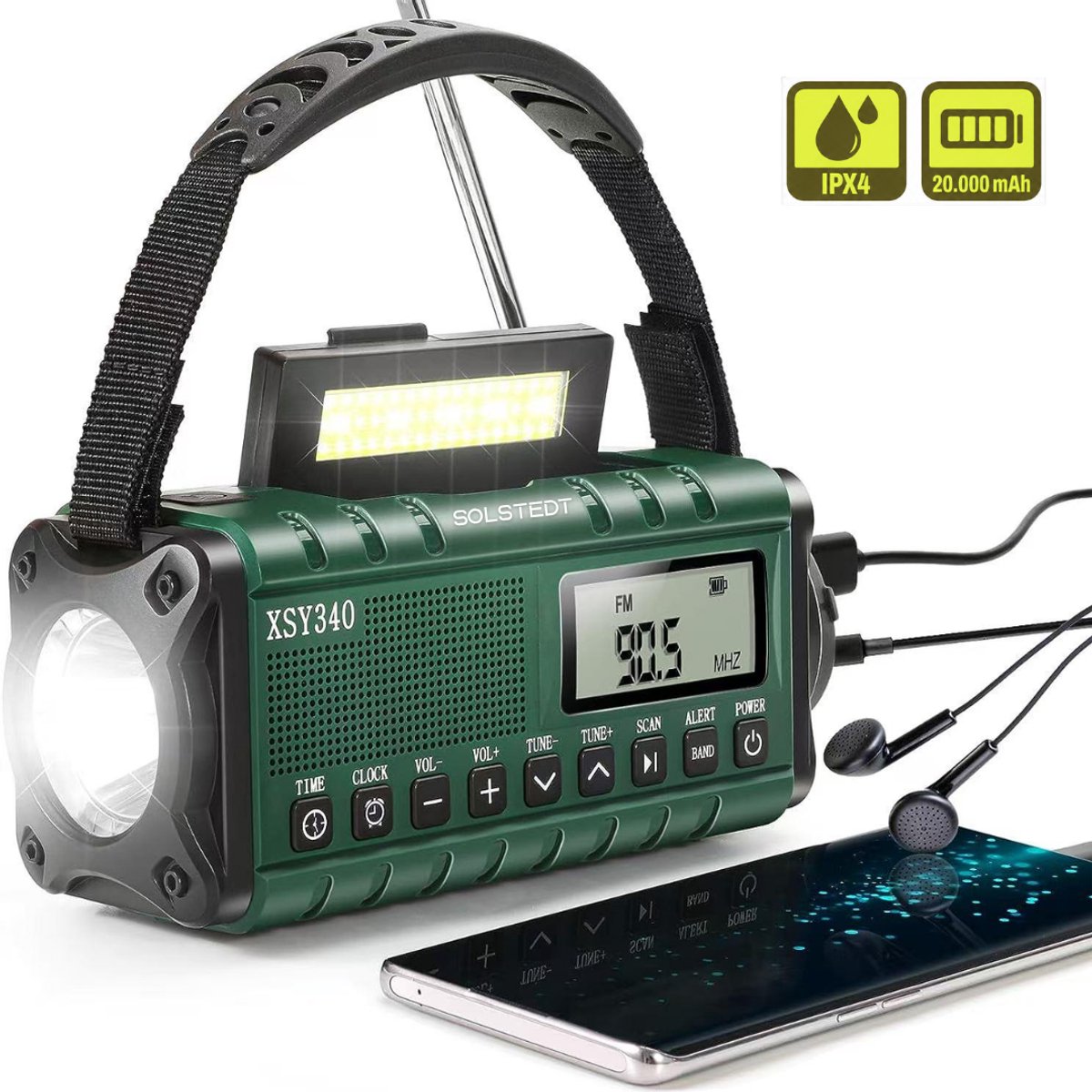 Solstedt® Noodradio - Altijd Overal Ontvangst - DAB - 20.000mAh - Noodradio Solar Opwindbaar - Met Krachtige Powerbank - Noodradio Opwindbaar en Batterij - Draagbare Radio - Incl. Zaklamp - Noodpakket - USB Oplaadbaar - Groen