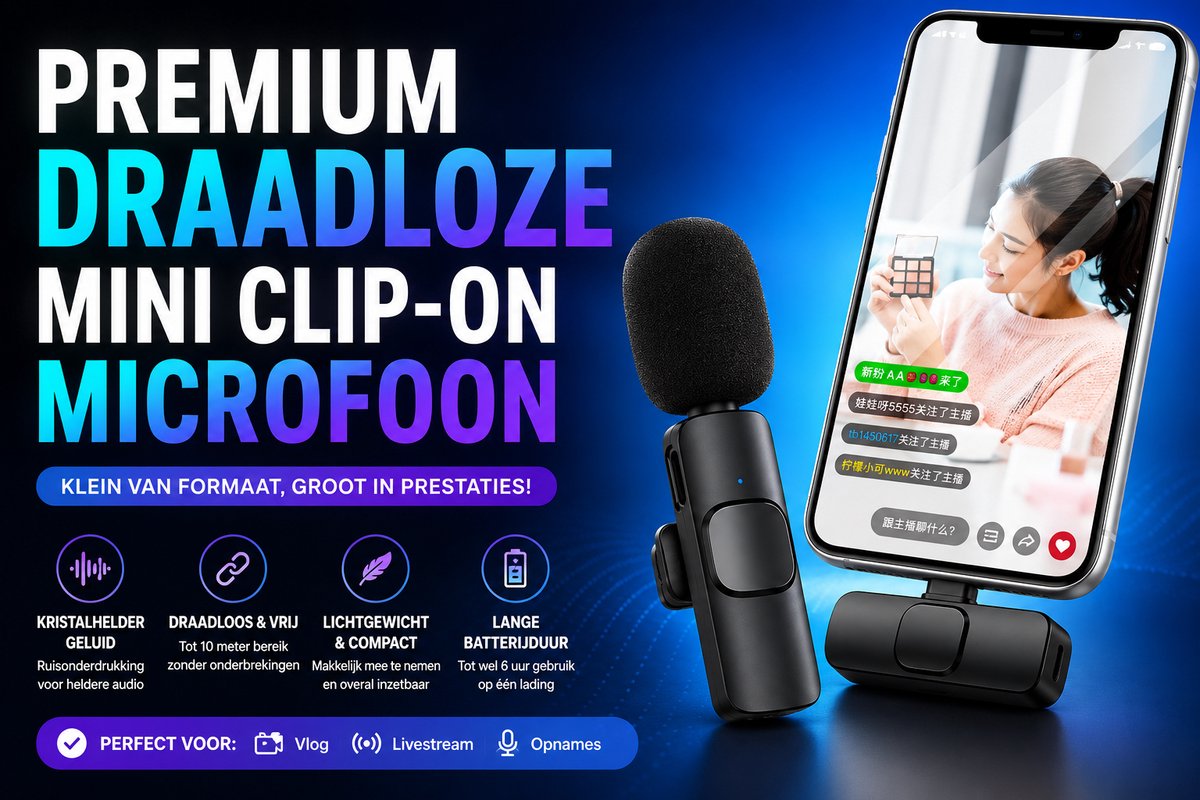 Premium Draadloze Mini Clip-on Microfoon | USB-C & Batterij | Ruisonderdrukking | Ideaal voor Vloggen, Livestream & Video-Draadloze Mini Clip-on -Smartphone Microfoon - FS Fusion Pack Draadloze Karaoke Microfoon– Bluetooth USB-C – Universeel