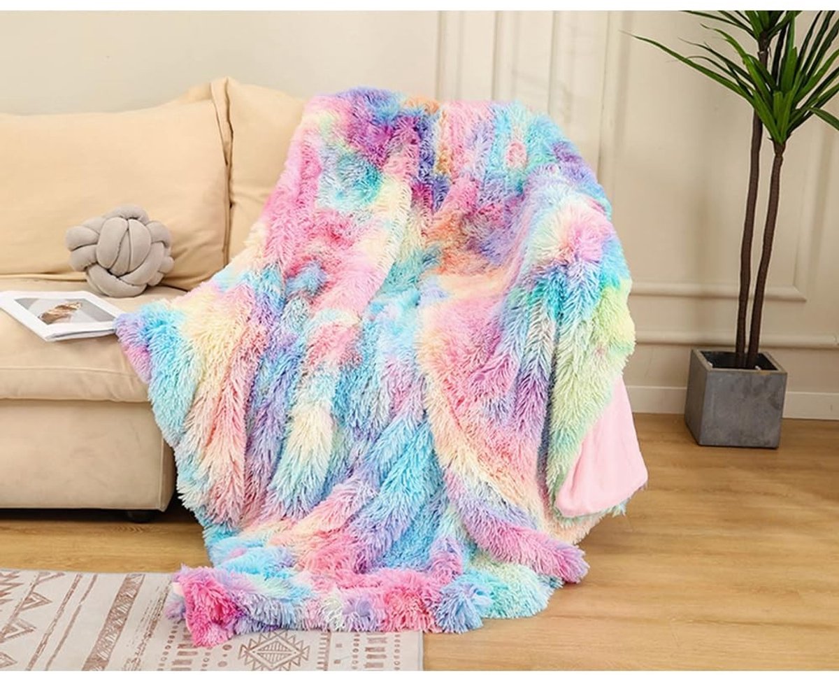 Dailygoody - Wollige knuffeldeken - Super zachte fleecedeken - Omkeerbare bankdeken - Batik-regenboog #2 - Perfect voor dutjes - 80 x 120 cm