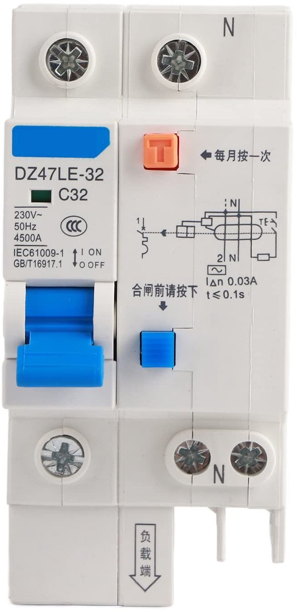 Dailygoody - Aardlekschakelaar 1p + N - Bescherming tegen elektrische schokken - Compact formaat - 30mA 230V - Voor huishoudelijk gebruik - Veiligheid