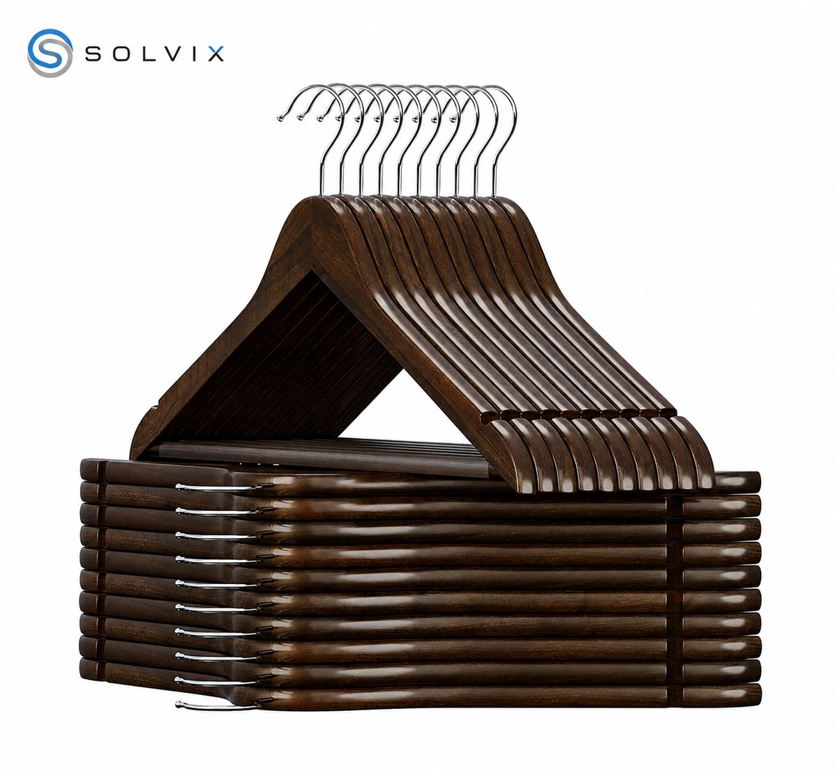 Solvix Houten Kledinghangers 20 Stuks – Luxe Donker Walnoot Kleerhangers met 360° Draaibare Haak – Antislip Kledinghanger voor Pakken, Jassen en Broeken