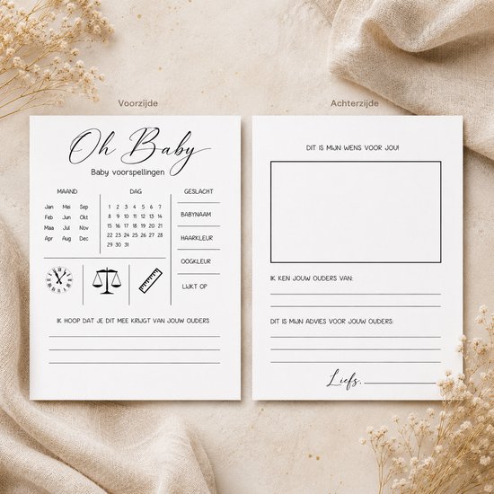 Cartes à remplir avec 'Oh Baby' et 'Prédictions bébé'. Vierge pour souhaits et conseils.