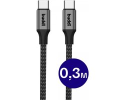 Buddi Flex - Korte USB-C naar USB-C Kabel 60W Fast Charge 20V/3A - Power Delivery - Dataoverdracht - Gevlochten Nylon - 0,3M - Zwart