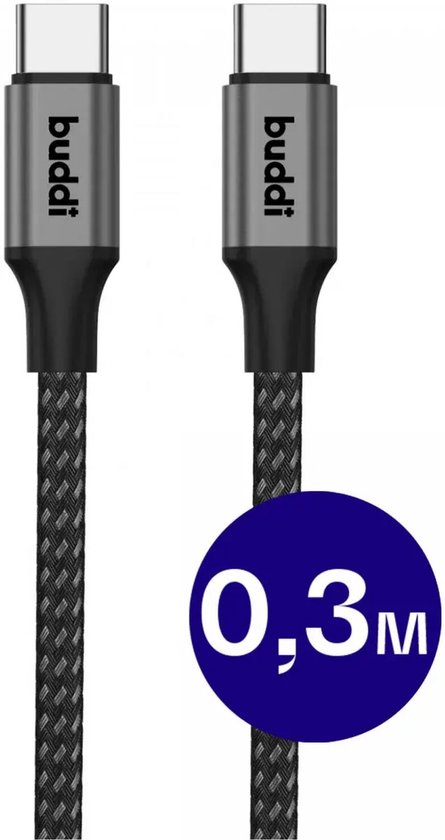 Buddi Flex | Câble USB-C vers USB-C 60 W Charge Fast 20 V/3 A | Livraison de puissance | Transfert de données 480 Mbps | Nylon tressé | 0, 3M Zwart