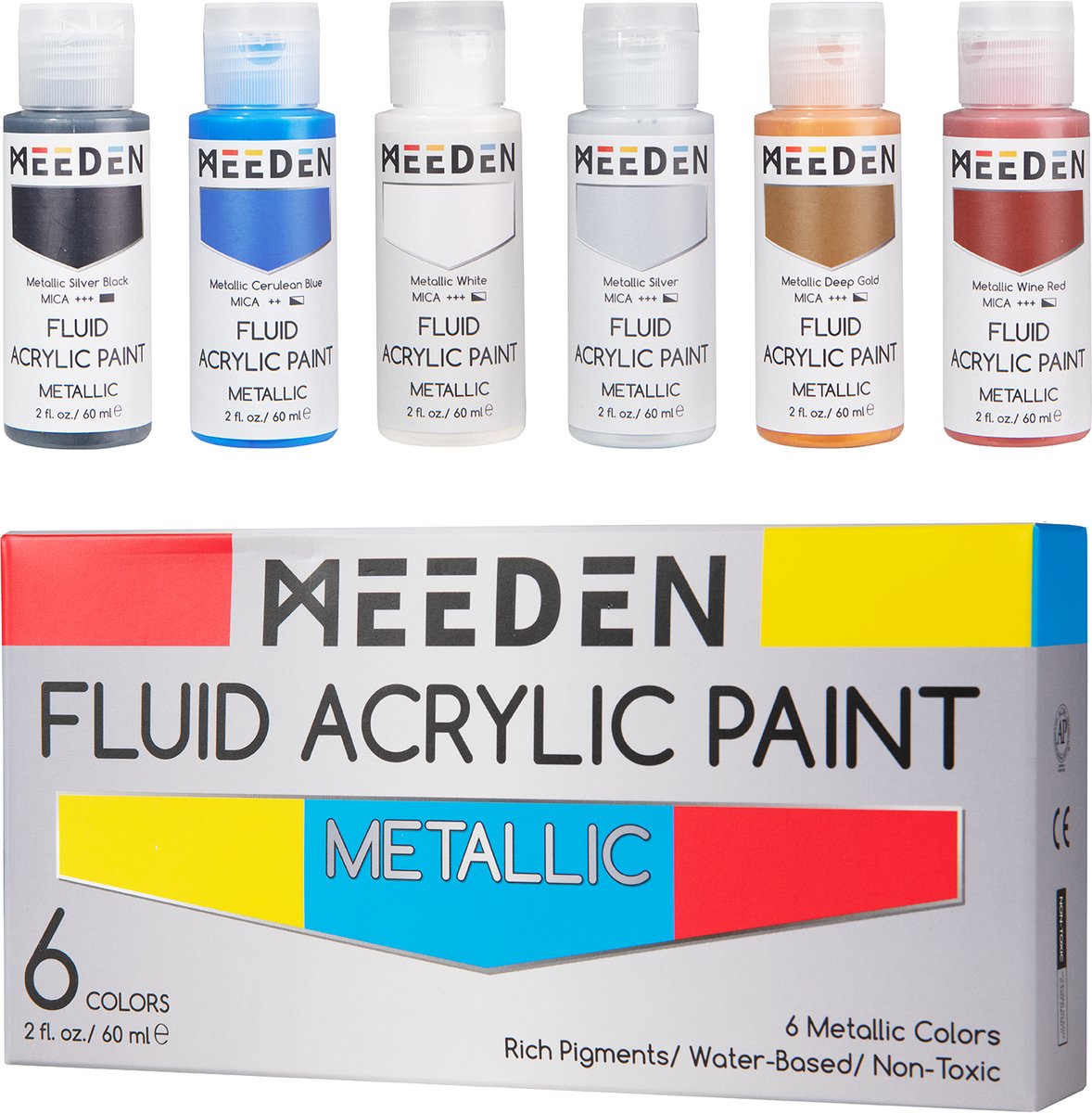 MEEDEN Art Vloeibare metallic acrylverf set 6 kleuren