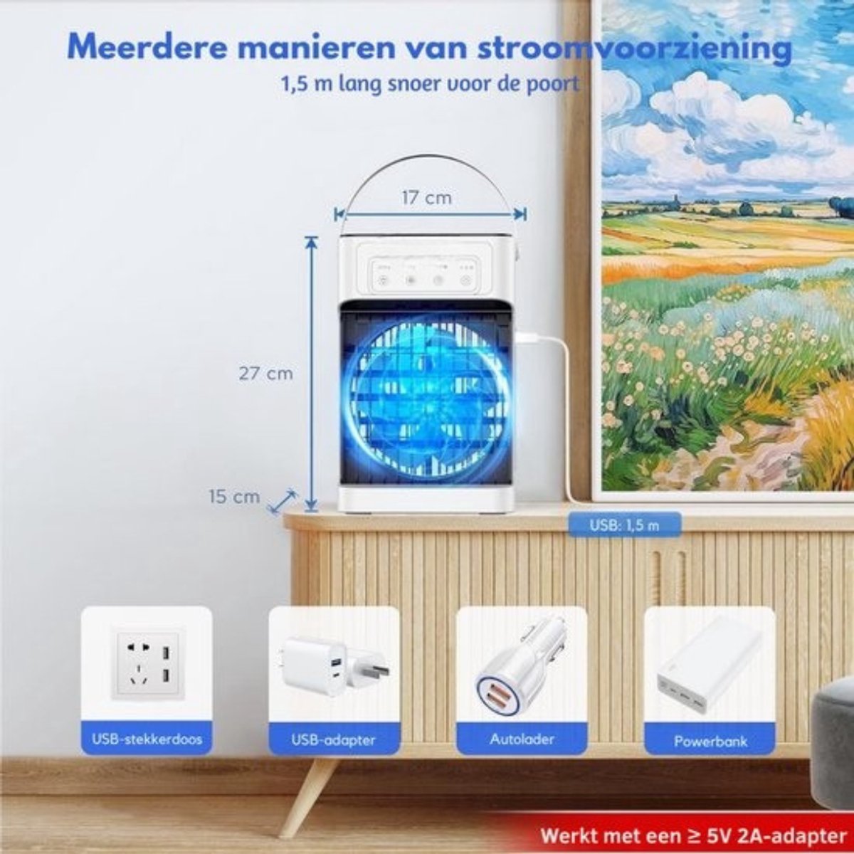 Thuys - Mobiele Airco Zonder Afvoer - Mobiele Airco Zonder Slang - Ventilator Met 3 Snelheden - Aircooler - Mobiele Airco Voor Slaapkamer – 7 LED kleuren - Compact Ontwerp – Wit – foto 4