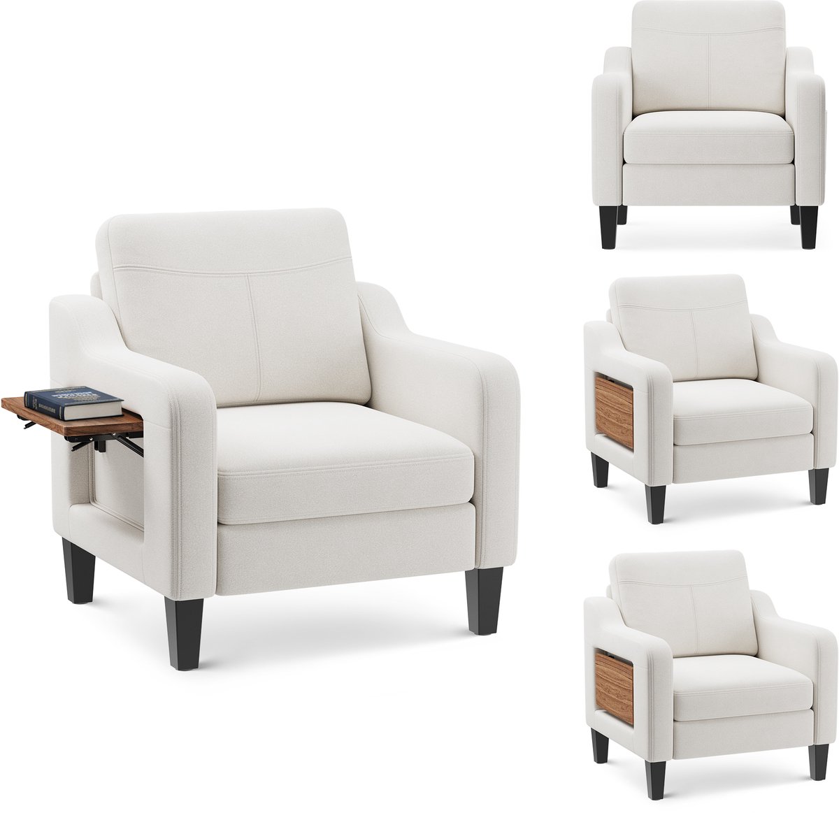 COLAMY stoffen fauteuil met houten zijpanelen - sterk draagvermogen 136 kg - comfortabel en stevig - beige