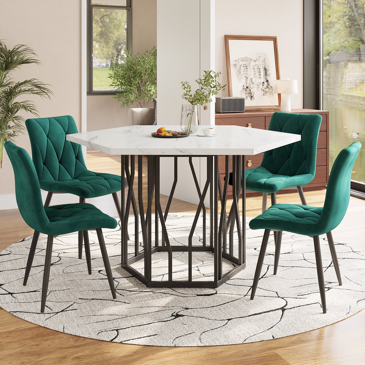 Esstafelset - 5-delig - Zeshoekige Tafel + 4 Stoelen - Modern Restaurant Sfeer - Marmer - Groen