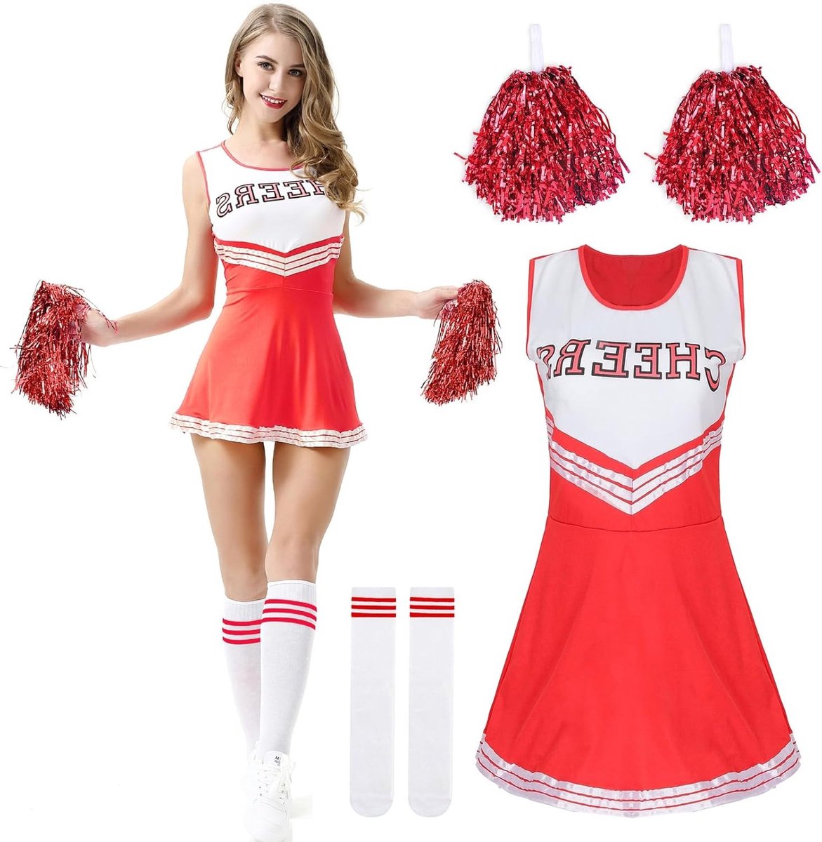 Cheerleader kostuum voor vrouwen en meisjes, feestoutfit voor volwassenen, carnaval en Halloween, inclusief pompons en sokken, themafeest.