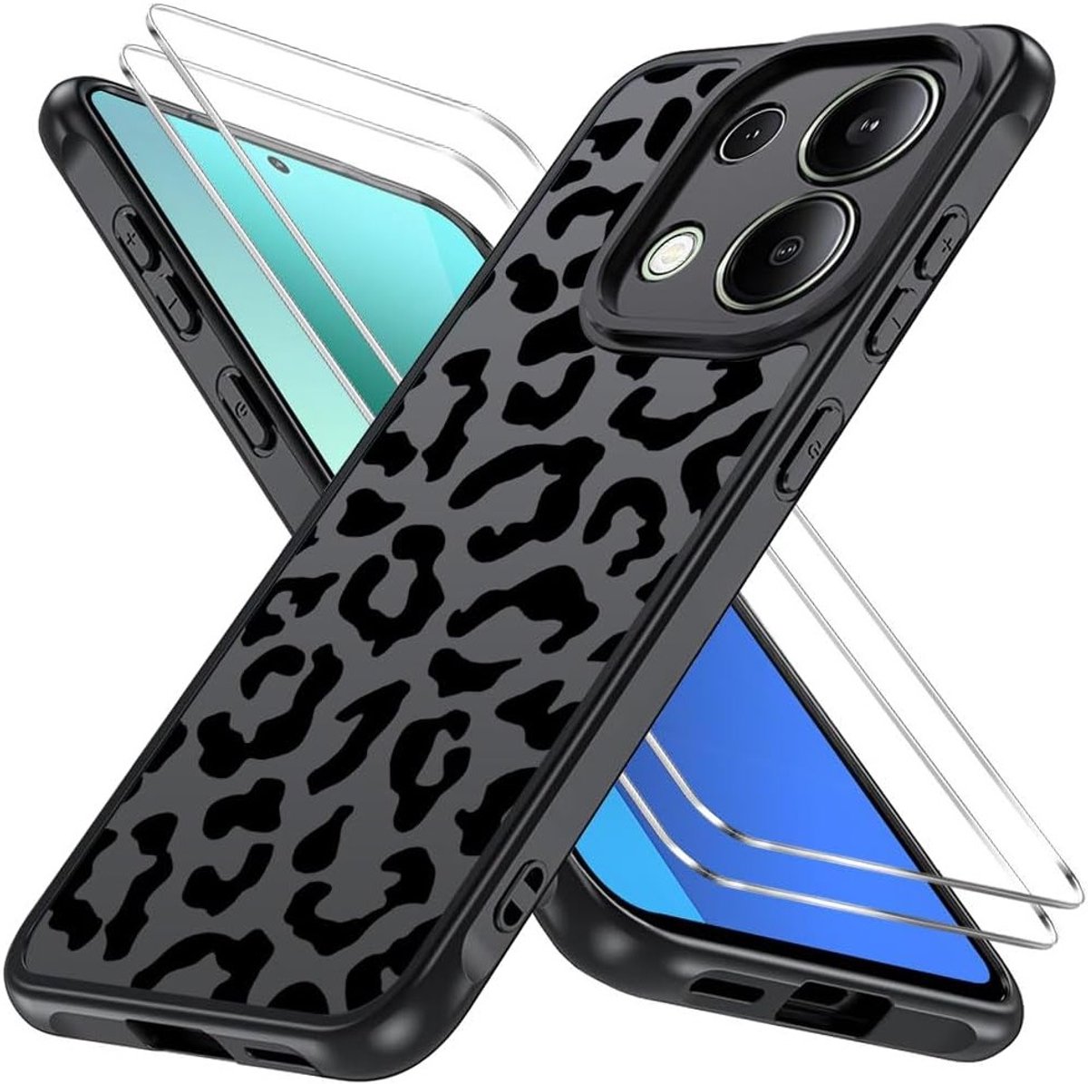 Beschermhoes voor Redmi Note 13 4G met Luipaardpatroon, Schokbestendig, Inclusief 2 Screenprotectors en Matte Achterkant
