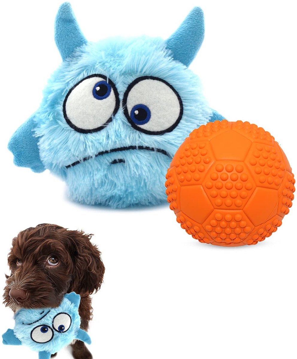 Dailygoody – Interactief Hond Speelgoed – Piepende Ballen – Voor Binnen en Buiten – Blauw Monster – Geschikt voor Kleine en Grote Honden