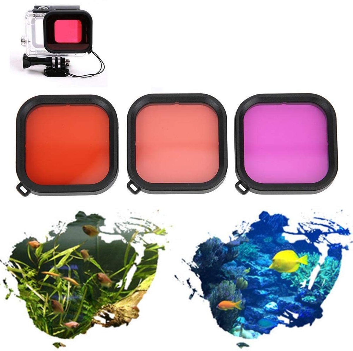 Dailygoody - Cameralensfilterset - Duiklensfilterset - Draagbaar en waterdicht - 3-delig - Snorkelfilters - Geschikt voor GoPro 8