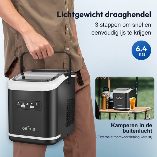 LOEFME IJsblokjesmachine - 1,4L - 12kg/24 uur - Bulletijs - IJsblokjesmaker - IJsschep, Ijsmand - Draagbaar - Zelfreinigingsfunctie - Zwart — afbeelding 2
