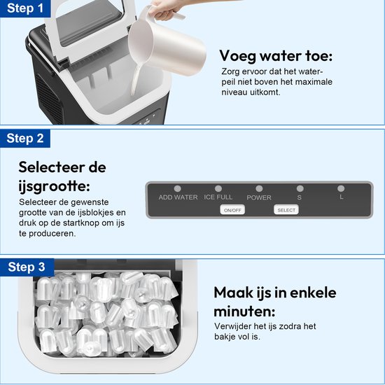 LOEFME IJsblokjesmachine - 1,4L - 12kg/24 uur - Bulletijs - IJsblokjesmaker - IJsschep, Ijsmand - Draagbaar - Zelfreinigingsfunctie - Zwart — afbeelding 3
