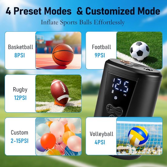 Elektrische balpomp, snelle opblaaspomp voor ballen met digitaal manometer, verstelbaar 2–15 PSI, LED-verlichting, 2000mAh draagbare luchtpomp voor voetbal, basketbal en volleybal. van Merkloos — afbeelding 3