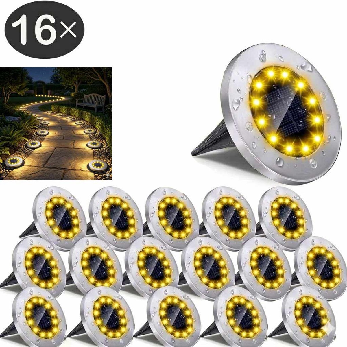 Meedeer 16 Leds Solar Grondspots voor buiten(16 stuks) -Warm wit-RVS Grond Spots op Zonne-energie met 16 LED Spotjes-10 Uur Buiten Verlichting in Tuin-IP65 Waterdicht -Tuinverlichting Lamp op zonne energie-Buitenverlichting Tuinlamp