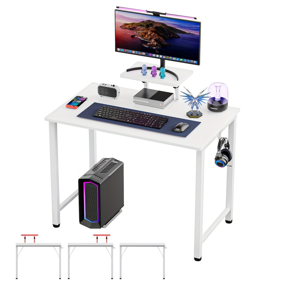 J.T.R Bureau-Computerbureau met Verwijderbare Hoogteverstelbeugel-Stevige Eiken Afwerking-Ruimtebesparend ontwerp-(80.01cm x 39.88cm x 74.93cm)-WIT.