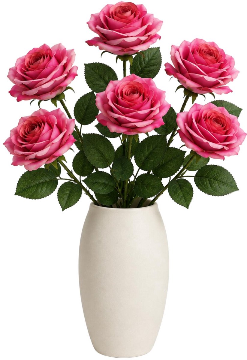 Bellatio Design Kunstbloem Roos Dijon - 6x - 64 cm - roze - zijde kunstbloemen - Boeket - stelen - rozen Donkerroze