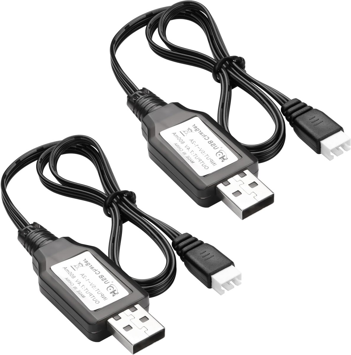 LiPo 7.4V Oplaadkabel met USB naar XH-3P Plug voor RC Auto's en Drones - 2 Stuks, Geschikt voor 1/10 tot 1/18 Schaal Modellen, 1A 2S Lipo Oplader