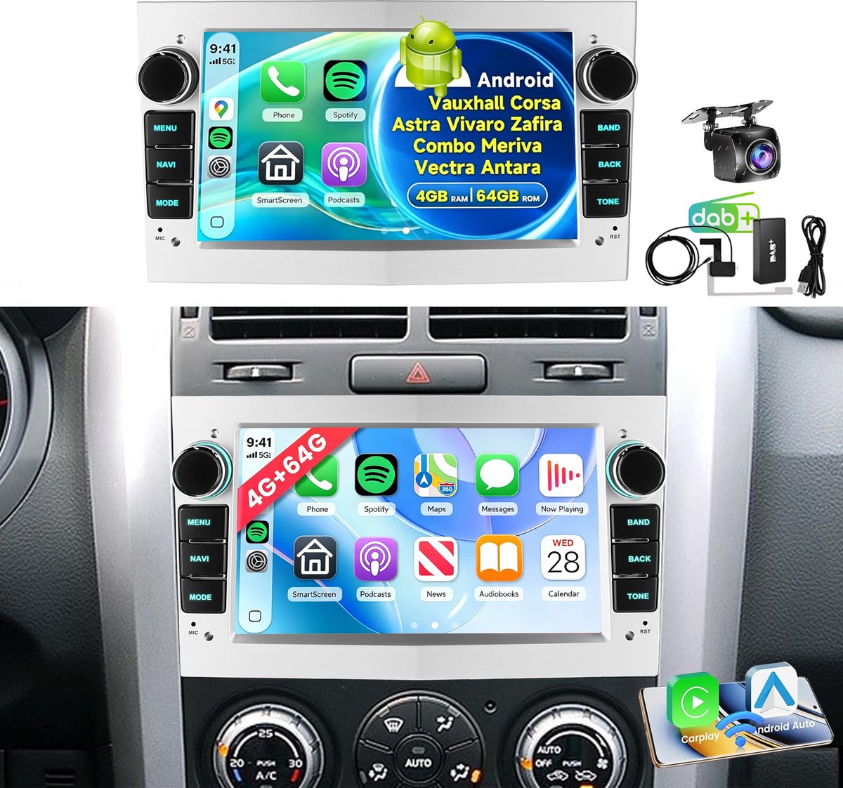ESSGOO CarPlay Autoradio Geschikt Voor Opel Vauxhall Astra Zafira Corsa Meriva Vectra - Zilver - Android 15 - 4+64GB - Draadloos Apple Carplay & Android Auto - 7-inch Touchscreen - GPS, Wifi, Bluetooth - DAB+ Achteruitrijcamera