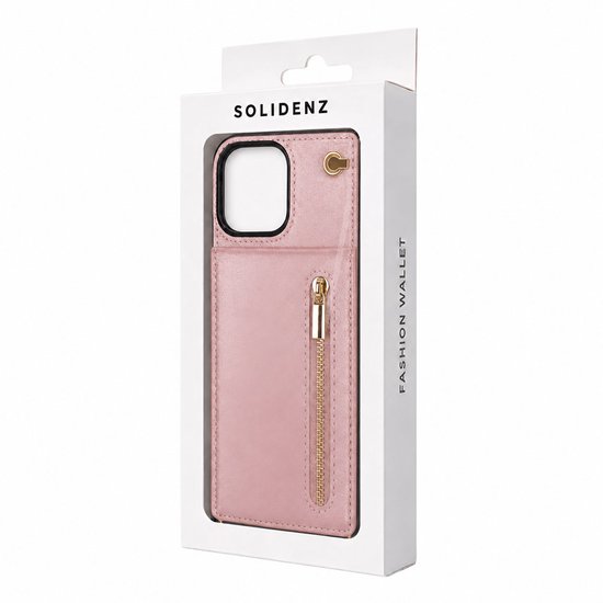 Solidenz verpakking met rosegouden telefoonhoesje met rits en koordoog.