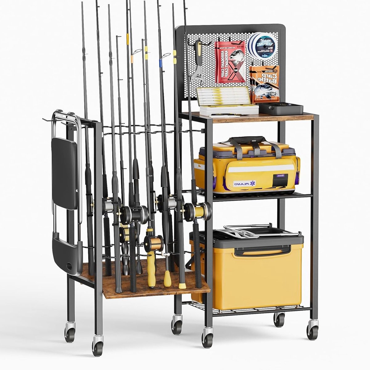 Mobiele Vissenhengelhouder voor 12 Hengels met Pegboard, Opslagsysteem voor Visspullen op Wielen, Verticale Hengelstandaard voor Garage en Vissers