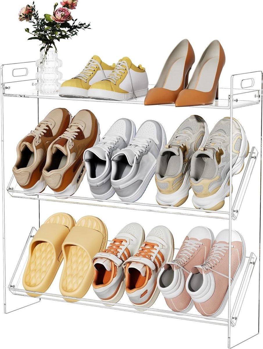 3-laags Acryl Schoenenrek - Transparante Schoenen Organizer voor Kledingkast en Entree, Opbergplank voor Schoenen (27.5"×6.7"×27")