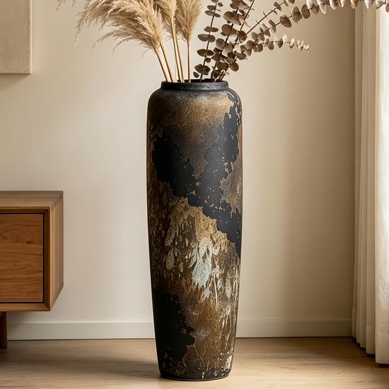 Stijlvolle Zwarte Vloervaas van Keramiek, 60 cm, Perfect voor Pampasgras, Bloemen en Decoratie in Woonkamer of Entree
