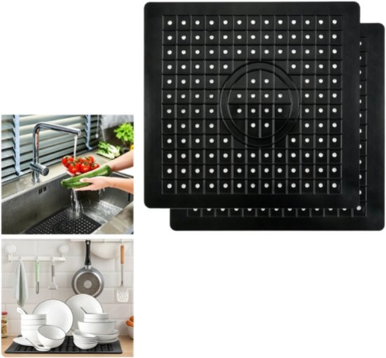 Tapis de vidange - protection d'évier - caoutchouc - convient aux cuisines et salles de bain - carré - noir - 31 x 26 cm - lot de 2