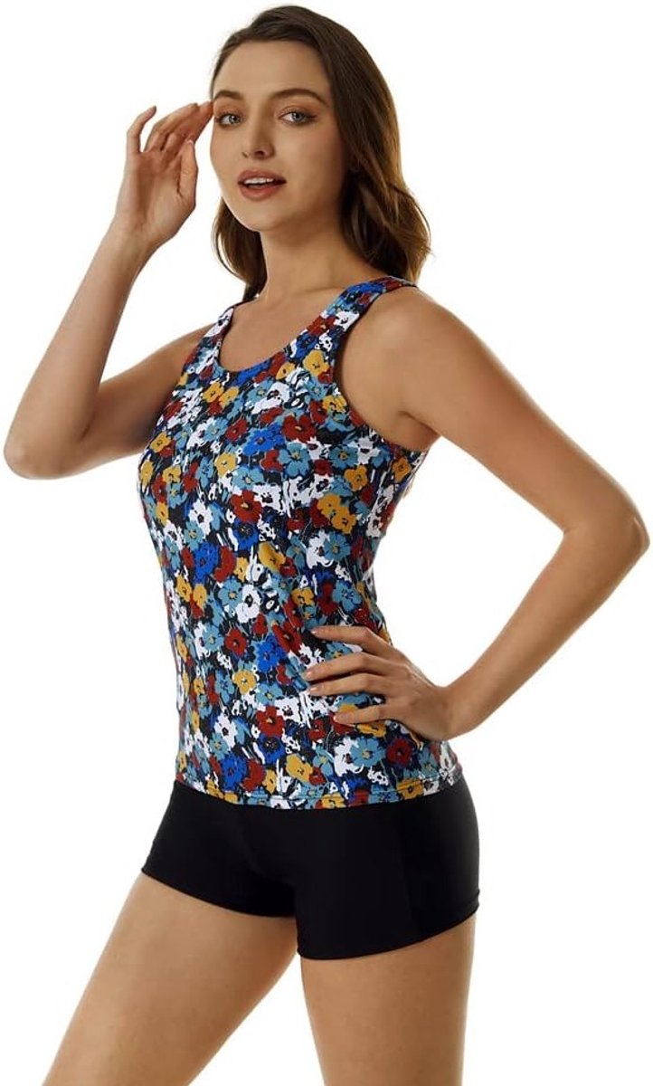 Tankini Badmode voor Dames en Meisjes met Hoge Hals - 2-delige Bloemenprint Zwemkleding in Plus Size