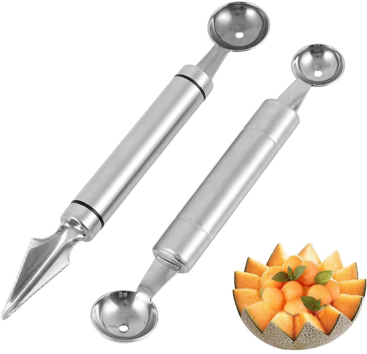 TOVBMUP Fruit snijgereedschap - Meloenlepel - Bolsnijder - Fruit snijmes - Meloensnijder voor alle soorten fruit - Zaaimachine - Keukengereedschapssnijder - DIY fruitsaladesnijder - Roestvrij staal - 2 stuks