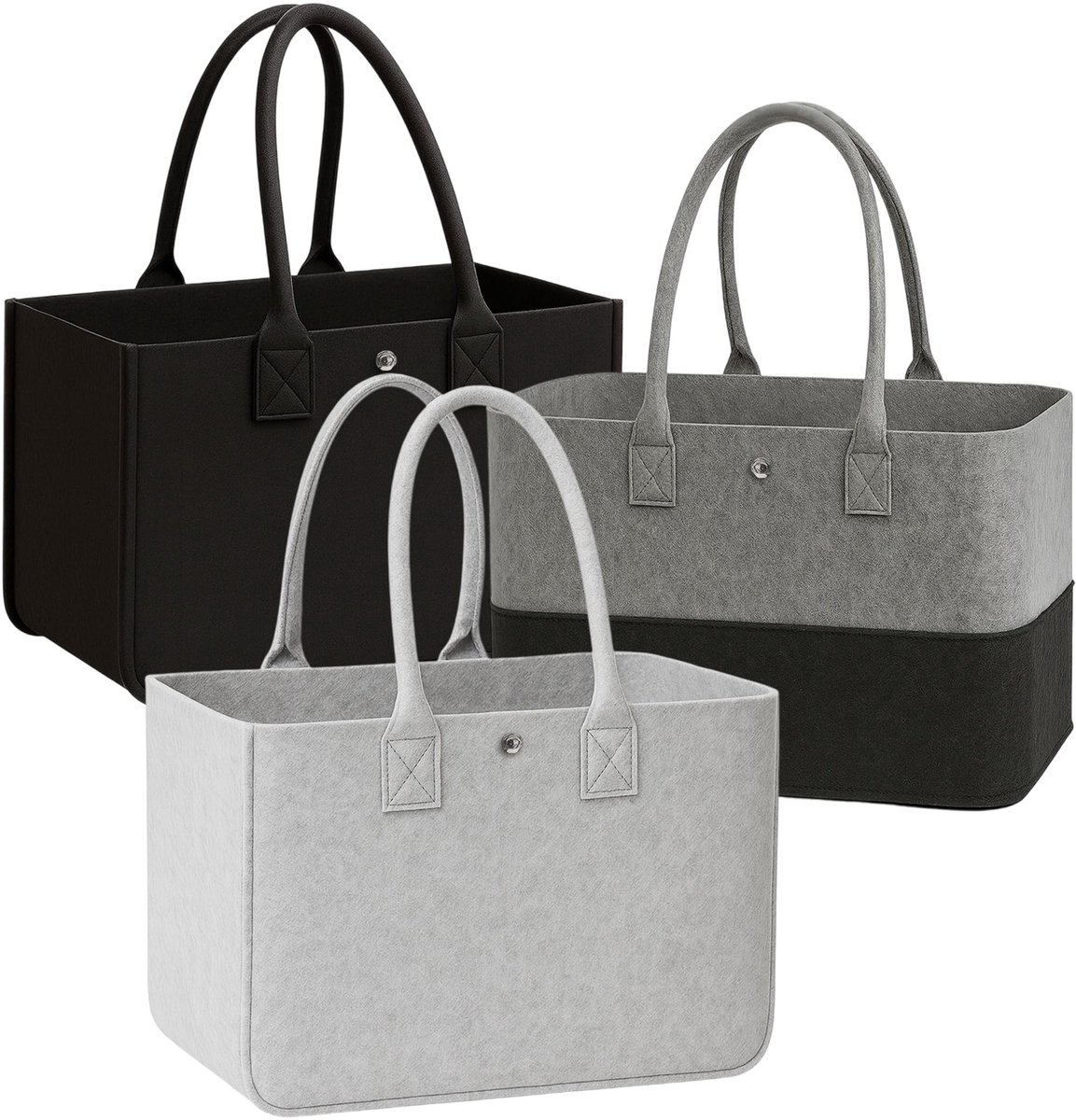 Dailygoody - Vilt Tas - Shopping Bag - Opvouwbaar - Zwart/Grijs - Grote Vilt Shopper - Geschikt voor 15 Inch Laptop - 3 Stuks