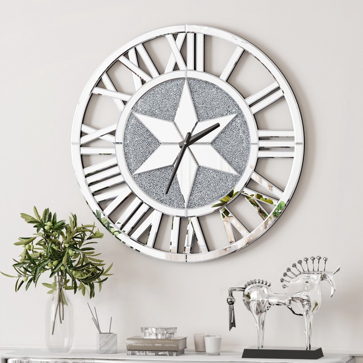 Artloge Wandklok Ø60cm - Stille Uurwerk - Zilver - Crushed Diamond Spiegelklok