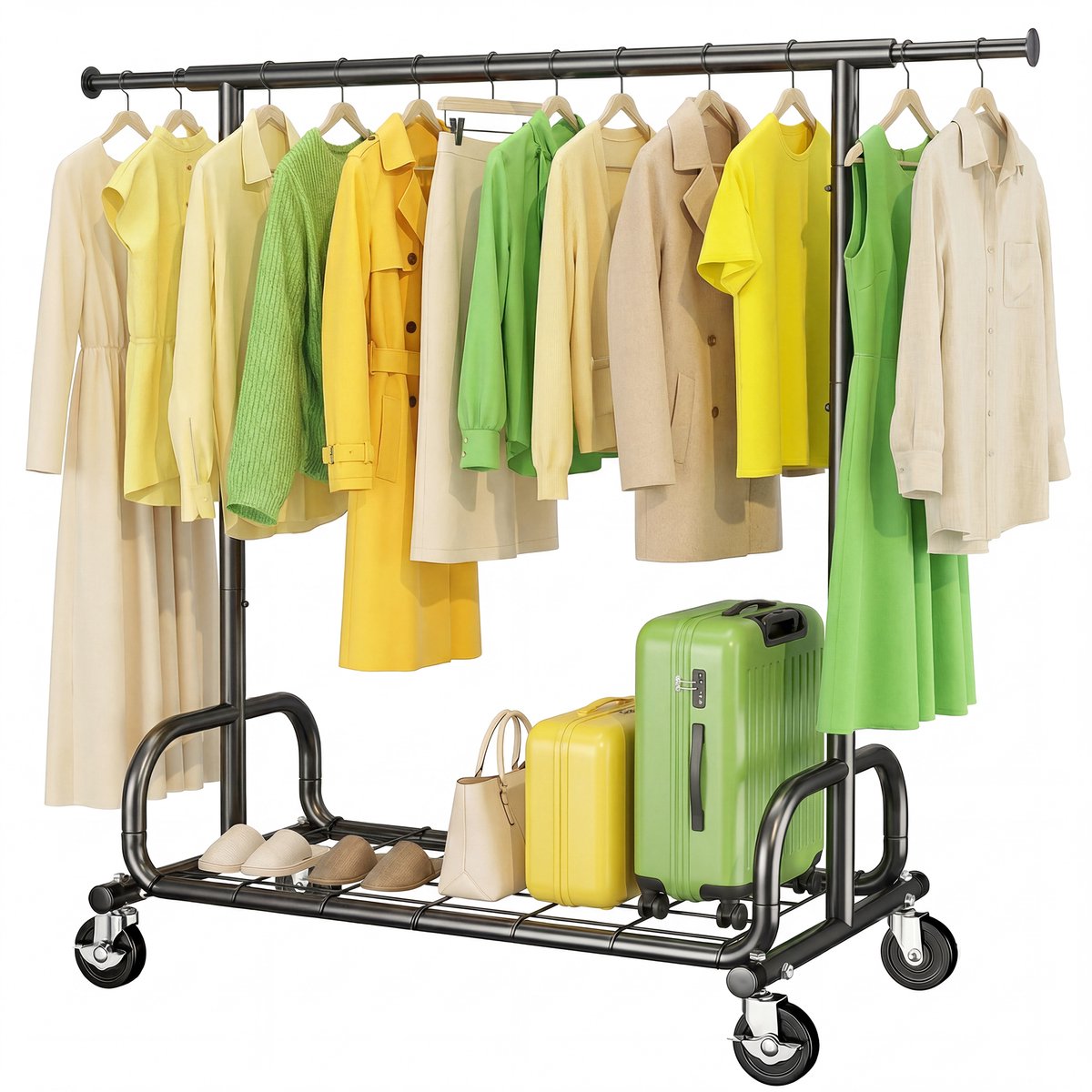 HOKEEPER Zwaar kledingrek op wielen – 136 kg draagkracht, E-vormige constructie, 3-in-1 (kleding, schoenen, paraplu's) – zwart