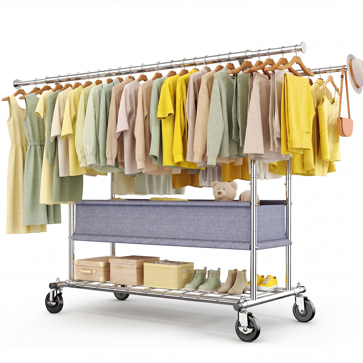 HOKEEPER Zwaar uitschuifbaar kledingrek op wielen – dubbele stang, 119-181 cm breed, hoogte 161-174 cm, 283 kg draagkracht, met wasmand en planken – chroom