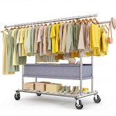 HOKEEPER Zwaar uitschuifbaar kledingrek op wielen – dubbele stang, 119-181 cm breed, hoogte 161-174 cm, 283 kg draagkracht, met wasmand en planken – chroom