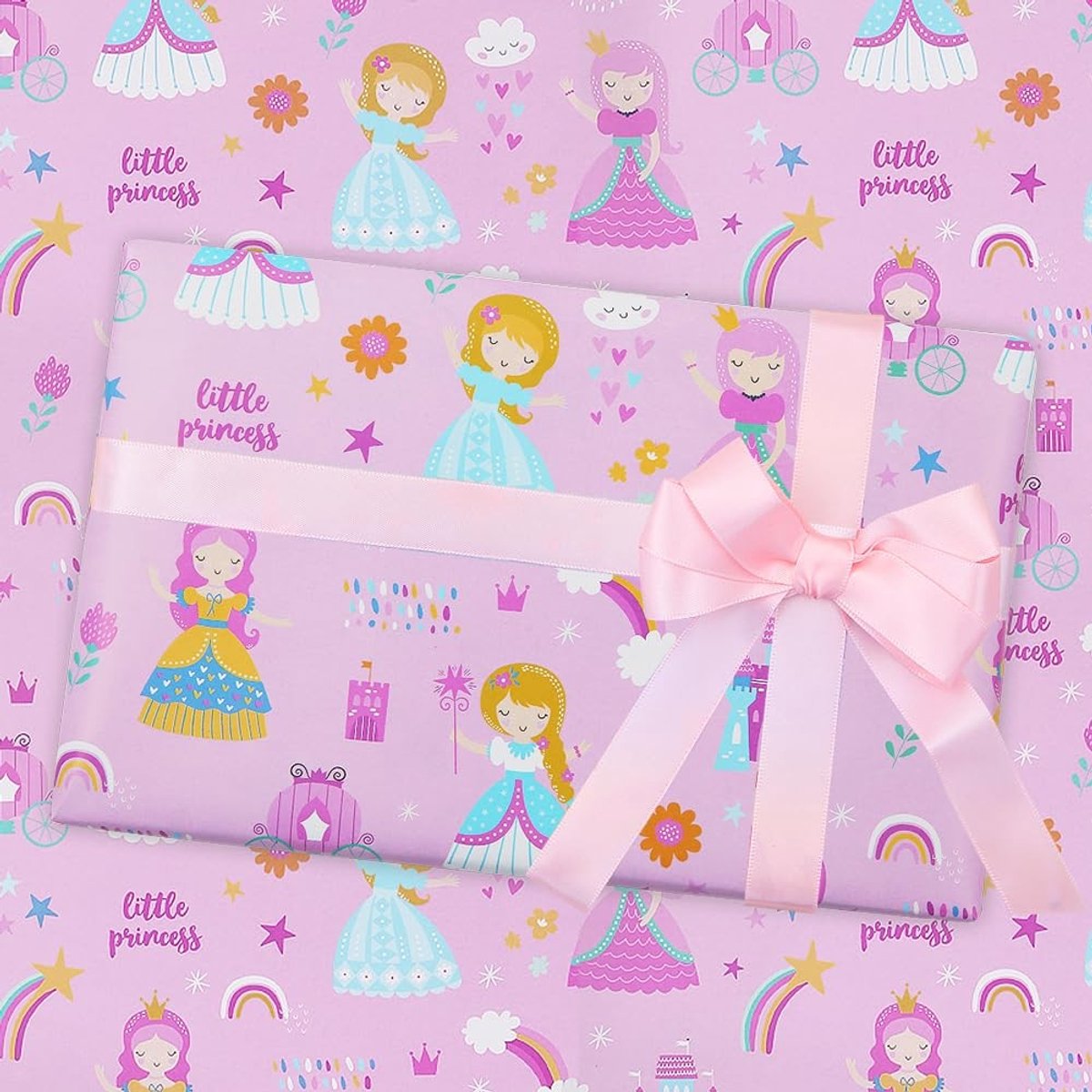 Dailygoody - Kleine prinses verjaardag - cadeaupapier - roze - inpakpapier voor meisjes - met prinses en kasteel thema - perfect voor babyshower en ve...