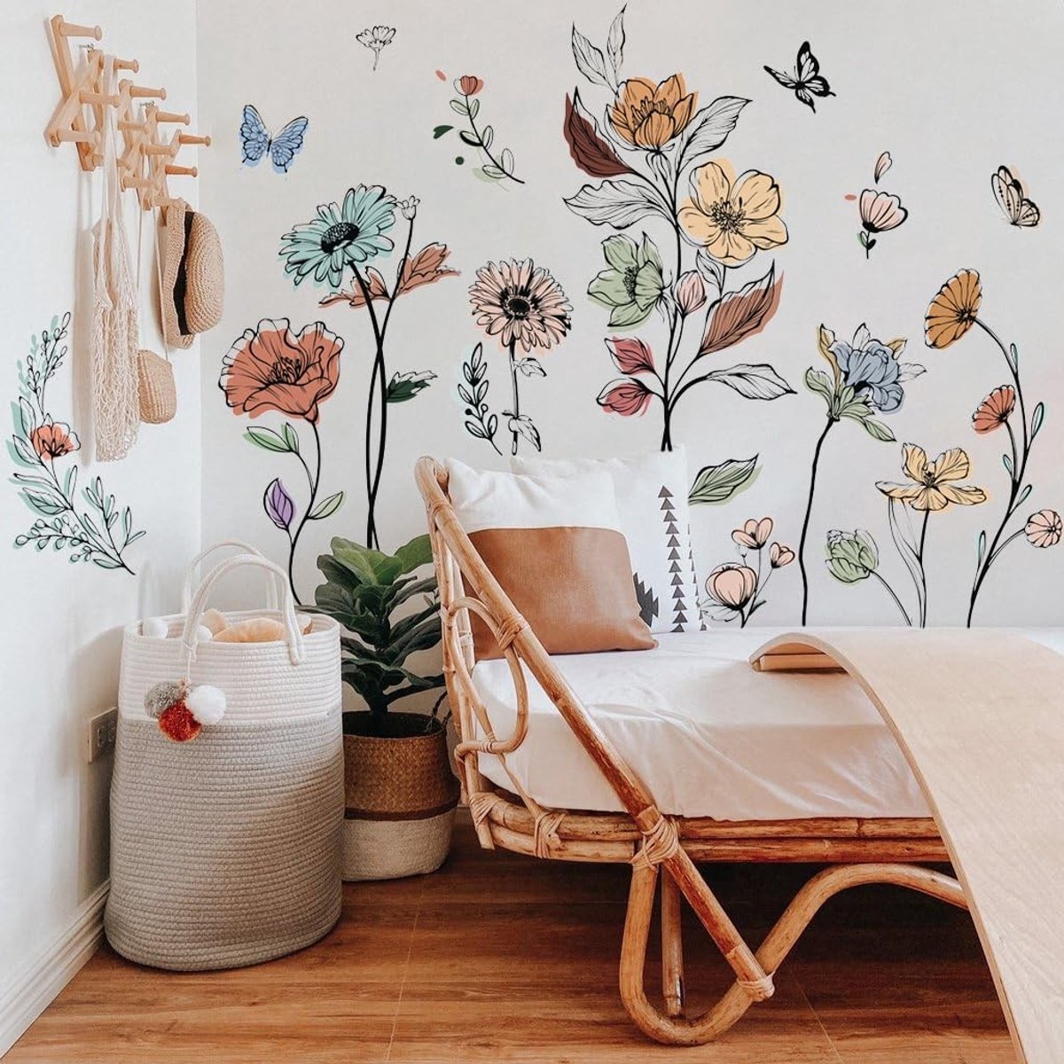 Dailygoody - Boho Bloem Muurstickers - Eenvoudige Muurdecoratie - 91x61 cm - Wildflower Ontwerp - Perfect voor Meisjes Slaapkamer - Verwijderbaar en H...