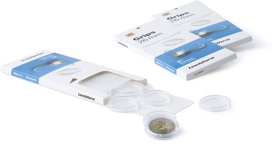 Verpakkingen Leuchtturm Grips 26 mm muntcapsules met transparante capsules op een witte ondergrond.