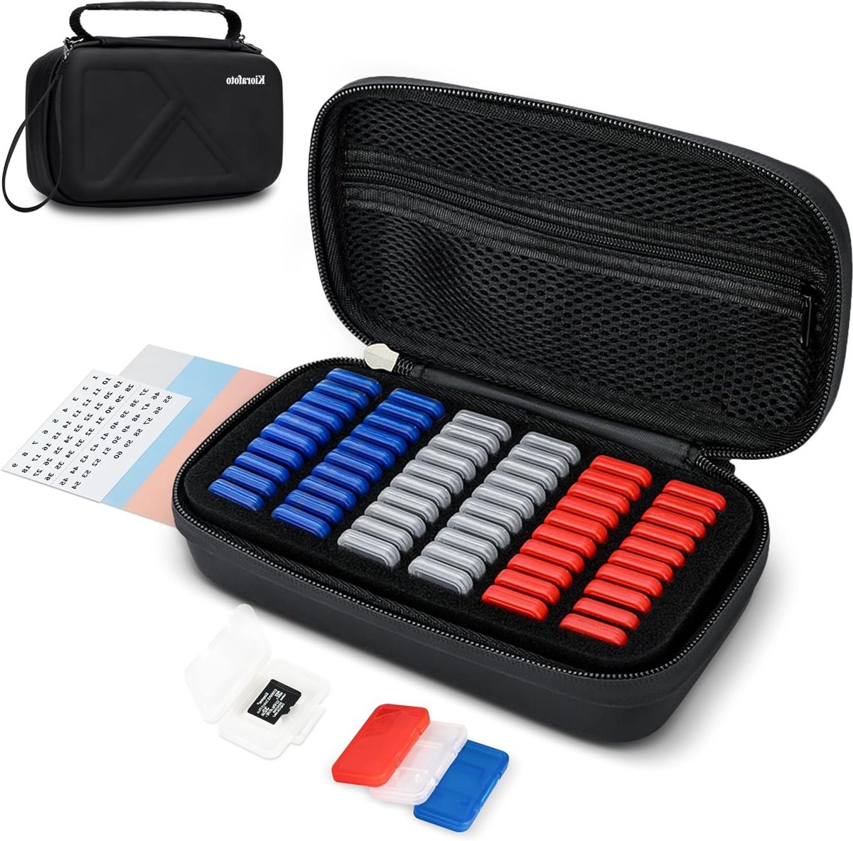 Micro SD Kaart Houder met 60 Individuele Plastic TF Kaart Houder - Waterdichte en Schokbestendige Organizer met Handvat en Labels voor MicroSD, MicroSDHC en MicroSDXC Kaarten