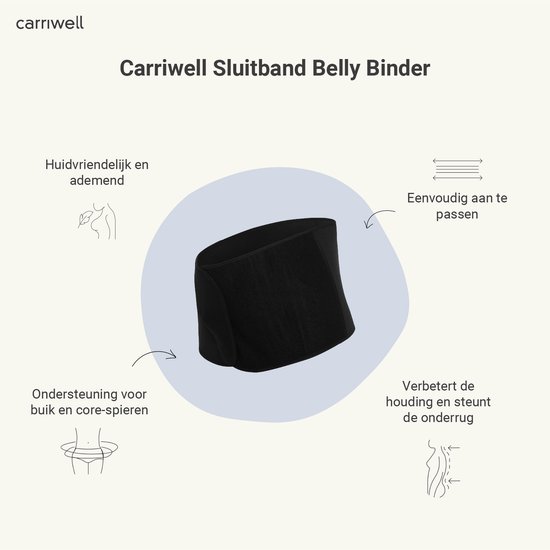 Zwarte Carriwell buikband. Kenmerken: huidvriendelijk, ademend, verstelbaar, ondersteuning.