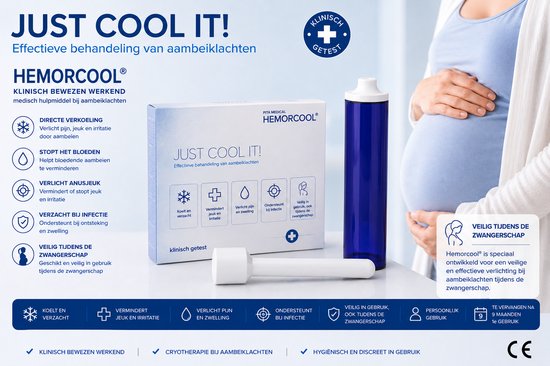 Vrouwenlichaam op een poster met de tekst 'JUST COOL IT!' en informatie over de behandeling van aambeien.